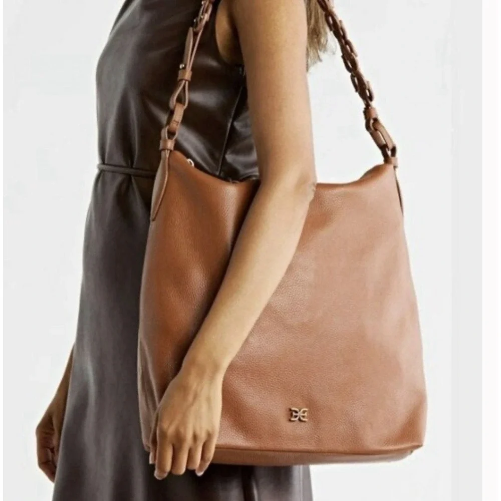 Sam Edelman Hobo Bag Bay Large Genuine Leather Chainlink Shoulder Caramel/Brown - Picture 2 of 13